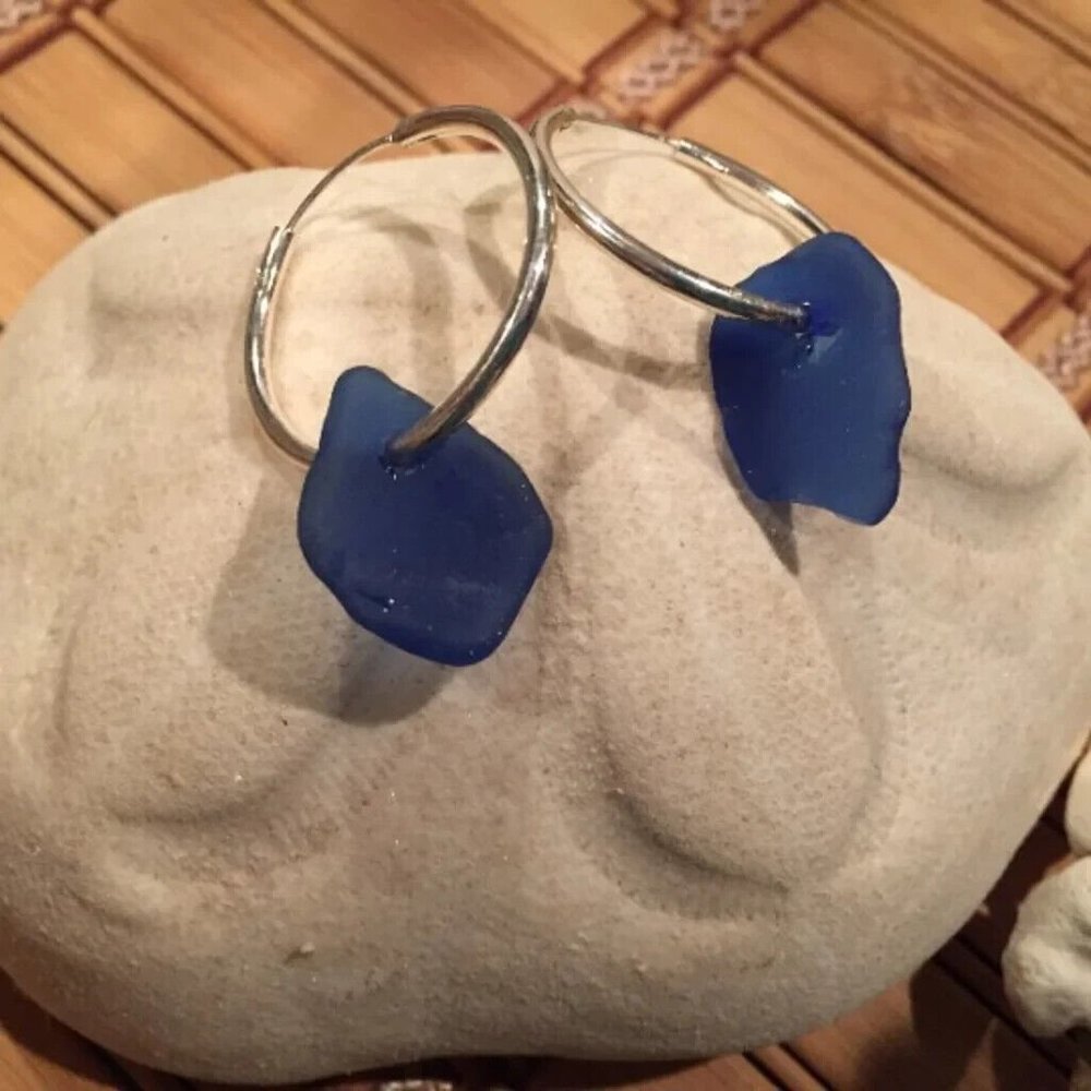 Cobalt Blue Sea Glass Hoop Earrings